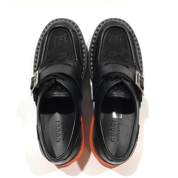 GUCCI LACE-UP BUCKLE LEATHER LOAFERS -BLACK / ORANGE -MEN US 10.5 -NEW - Picture 8 of 9